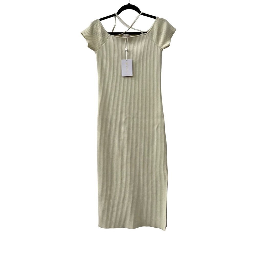 NWTD WAYF Size S Deena Off The Shoulder Rib Knit Midi Dress Ivory MSRP $65
